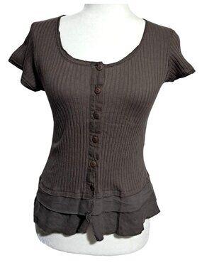 Maloka Brown Lagenlook Top Womens Size T2 (US 6) Linen Cotton Button Front Short